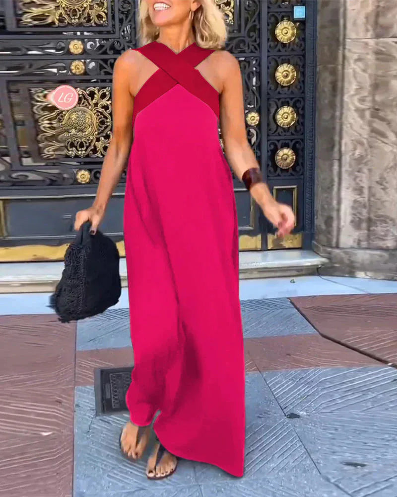 Women's Long Cross Dress Skirt European Style Mid-Waist A-Line Dress Polyester Fabric No-Sleeve Business Wear Single Piece