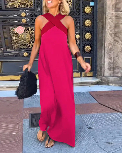 Women's Long Cross Dress Skirt European Style Mid-Waist A-Line Dress Polyester Fabric No-Sleeve Business Wear Single Piece