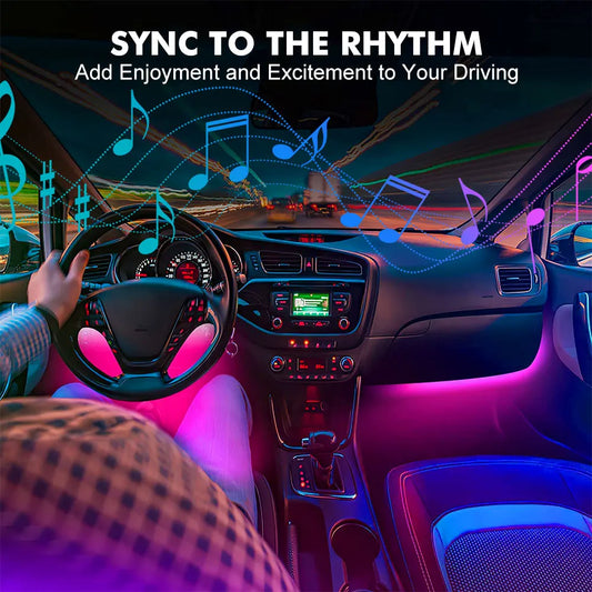 BEVINSEE 36 LED RGB Car Interior Ambient Light 4-in-1 LED Strips Multi-color APP Control Atmosphere Lighting Cigarette Plug 12V