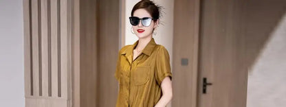 Chic Cotton Linen Two-Piece Set Short Sleeve  Collar Mom Summer Fashion Ensemble for Women over 35 Years Old