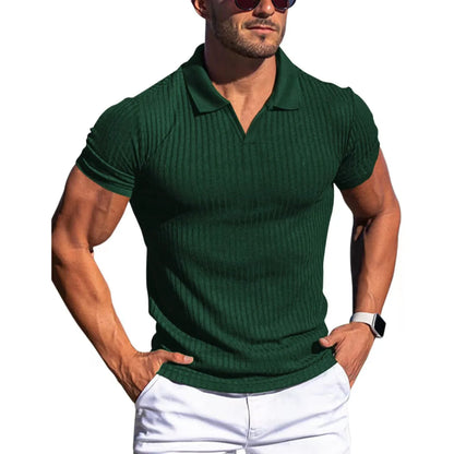 Men's Ribbed V-Neck Polo Shirt Summer Breathe Slim Fit Short Sleeve T-Shirt Men Casual Business Fashion T-Shirt