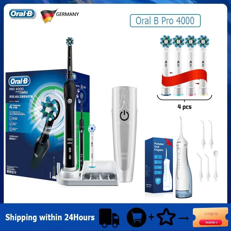 Oral B Electric Toothbrush Pro 4000 3D Action Daily Clean Teeth Visible Pressure Sensor 4 Modes Gum Cares Waterproof Rechargeabl