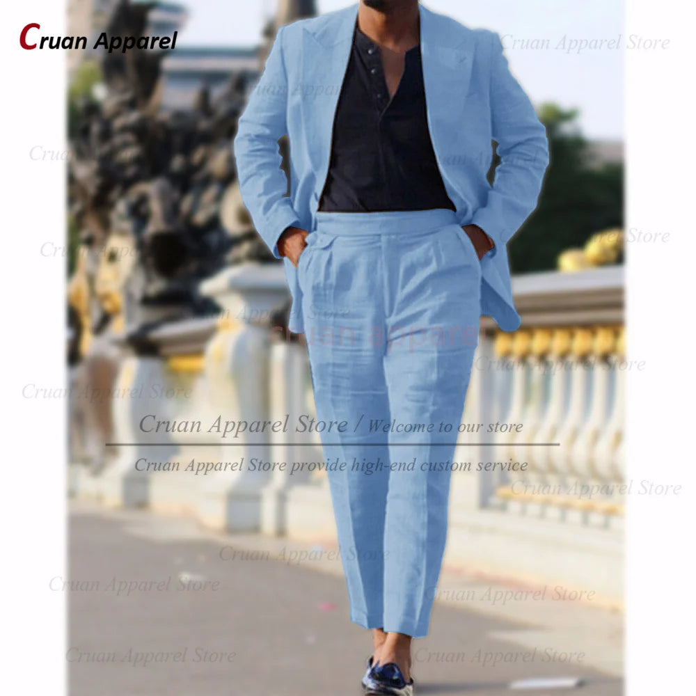 Classic Summer Linen Suit Sets For Men Smart Casual Blazer And Pants 2 Pieces Formal Evening  Fashion Slim Fit Suit Attire