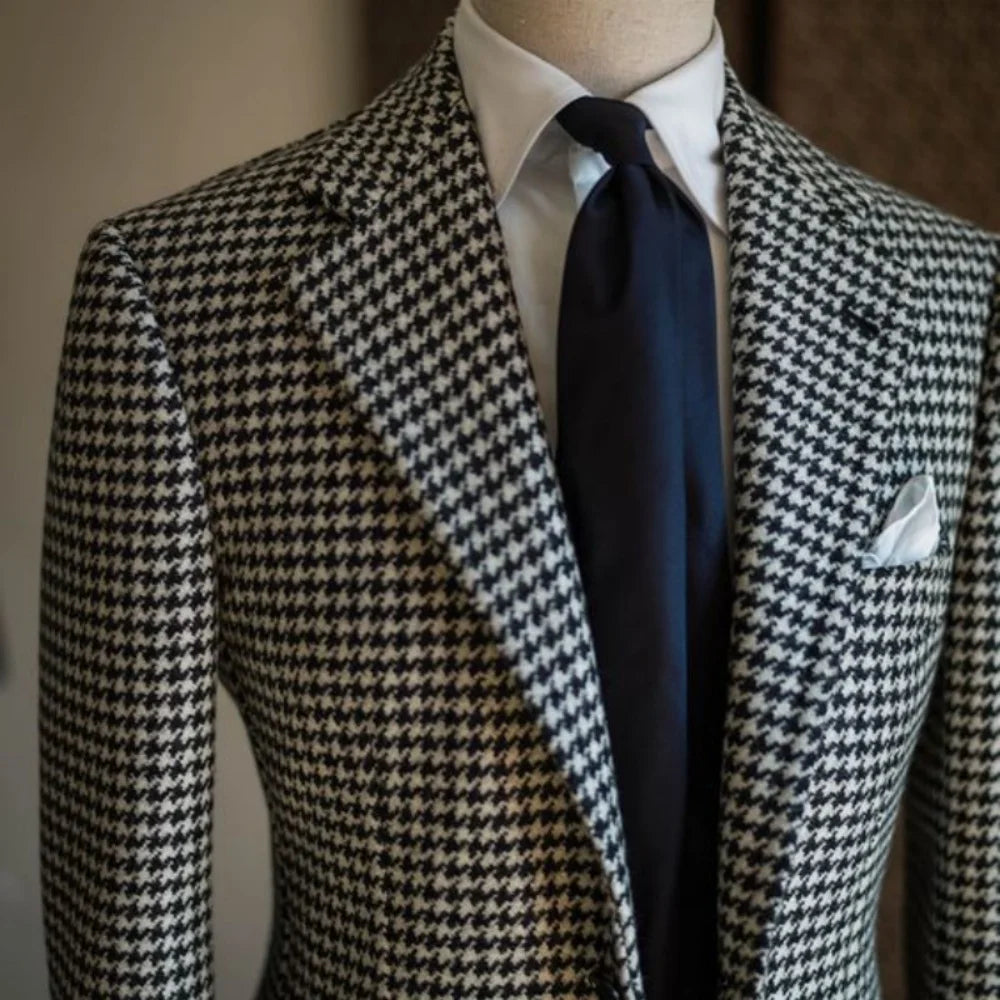 Men's Houndstooth Business Blazer Xadrez Embossed Lapel Terno Jacket Formal Men's Fashion Coat