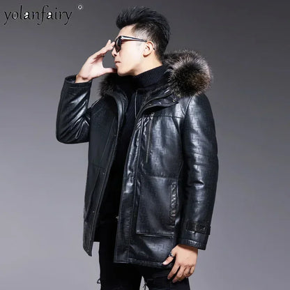 Sheepskin Jacket Men Real Fur Parkas 2023 Winter Kid Lamb Coats Men's Raccoon Fur Hooded Natural Leather and  Fur Jackets FC