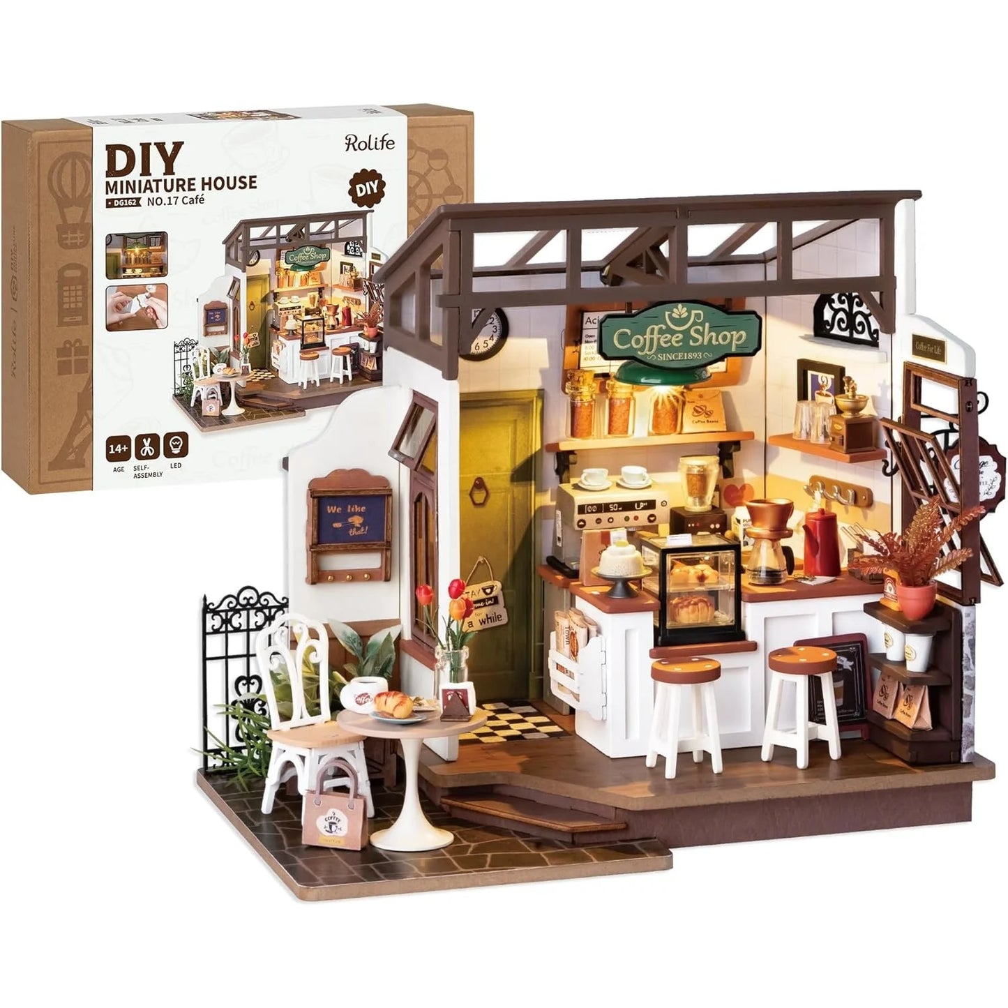 Rolife DIY Miniature House Kit Flavory Café 3D Puzzle Dollhouse Building Model Kit with LED for Desk Decor Gift for Adult Friend