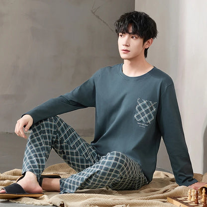 Newest Men Pajamas Set 100% Cotton Sleepwear Male Autumn Long Sleeve Pyjamas