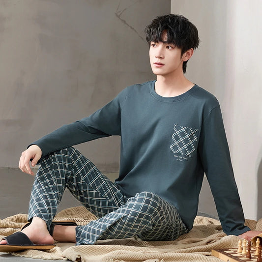 Newest Men Pajamas Set 100% Cotton Sleepwear Male Autumn Long Sleeve Pyjamas