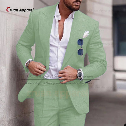 Fashion Sky Blue Linen Suit Set For Male Casual Party Fashion Blazer Pants 2Pieces Wedding Groomsman Formal Peaked Lapel Outfits