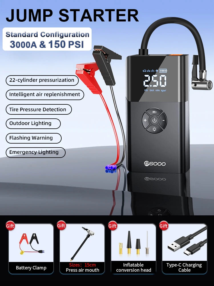 5000a 180 Psi Car Jump Starter Compressor Battery Portable Power Bank Tire Capacitor Booster 12v Emergency Jumper With Air Pump