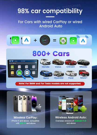 CarlinKit 3 In 1 Android 15 CarPlay Ai Box Wireless Adapter Android Auto Qualcomm SM6350 128GB 8-Core for Youtube Netflix FOTA