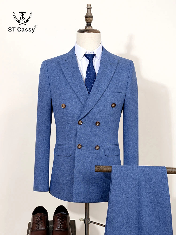 ST Cassy 2-Piece Set (Jacket + Pants) Double-Breasted Man Suit Blue Modern Wedding Suits for Men Slim Fit Business Office Suit