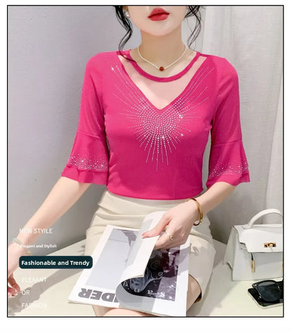 Sexy Hollow out Mesh Seven Quarter Sleeve Fashion Trend Summer T-Shirt Women Slimming Versatile Top Half Sleeve Small Shirt