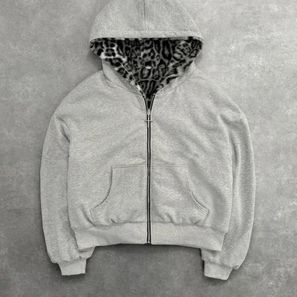 Retro Leopard Hoodie Zipper Casual Loose Sweater Autumn Winter Personality Europe And United States Style