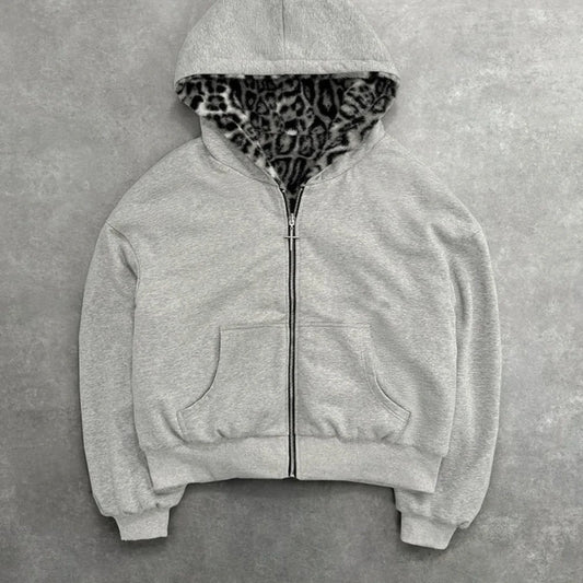 Retro Leopard Hoodie Zipper Casual Loose Sweater Autumn Winter Personality Europe And United States Style