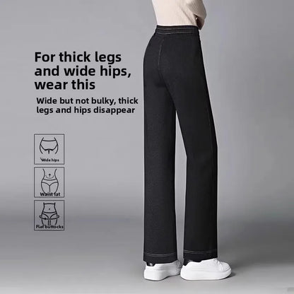High Waist Thickened Fleece Lined Wide Leg Jeans Women's Casual Straight Cut Trousers Autumn Winter New Style Slimming Effect