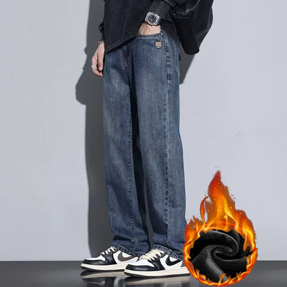 2026 Winter New Men Fashion Vintage Jeans Male Thickened Warm Wide Leg Denim Pants Trend Versatile Straight Leg Trousers