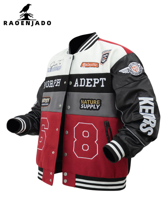 Men's Motorcycle Jacket Color Block Letterman Bomber Coat Race Car Design with Vintage Faux Leather Sleeves for Spring/Autumn