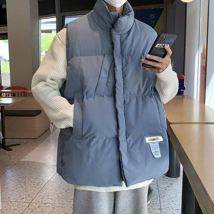 Oversized Cotton Vest for Men Loose Fitting Standing Collar Winter Coat Casual Layering Jacket for School Streetwear
