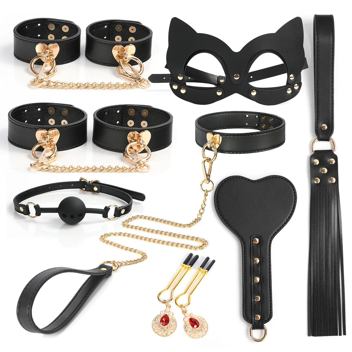 Slave Roleplay Set Leather Handcuffs Ankle Cuffs Ball Gag Mask Whip Collar Leash Sex Toys for Women Couples BDSM Bondage Kit