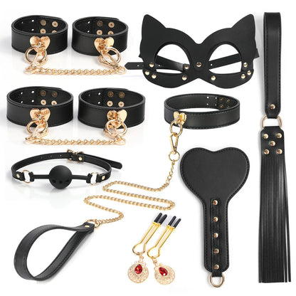 Slave Roleplay Set Leather Handcuffs Ankle Cuffs Ball Gag Mask Whip Collar Leash Sex Toys for Women Couples BDSM Bondage Kit