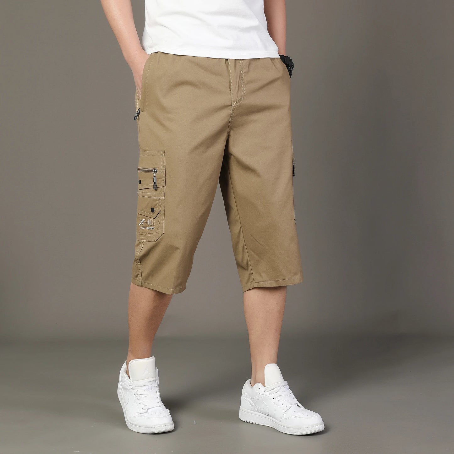 Summer Zipper Pocket Workwear Shorts Mens Knee Cargo Pants 2026 Cotton Shorts Men Climbing Jogger Elastic Waist Sports Work Wear