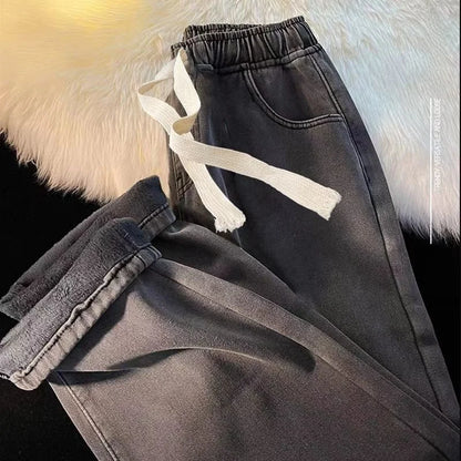 Thickened Fleece Straight Leg Jeans Women Winter New Small Size Wide Leg Cotton Elastic Waist Autumn Winter Pants
