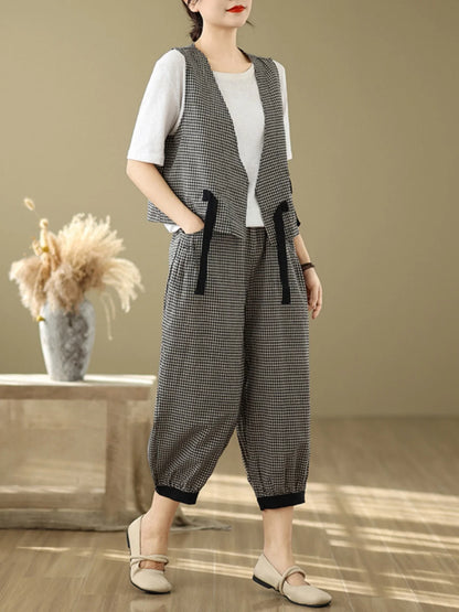 Fashionable Cotton Linen Plaid Set Casual Loose V-neck Tank Top And Lantern Pants Eighteen Loose Two-piece Set for Women