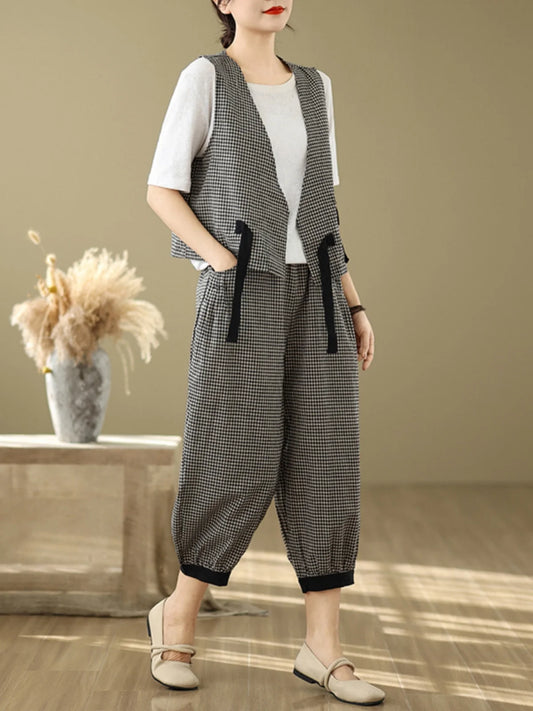 Fashionable Cotton Linen Plaid Set Casual Loose V-neck Tank Top And Lantern Pants Eighteen Loose Two-piece Set for Women