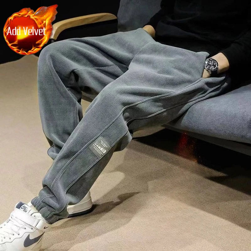 Corduroy Jogger Pants for Men Elastic Cuff Winter Trousers Plus Fleece Lining Stylish Casual Look 2026