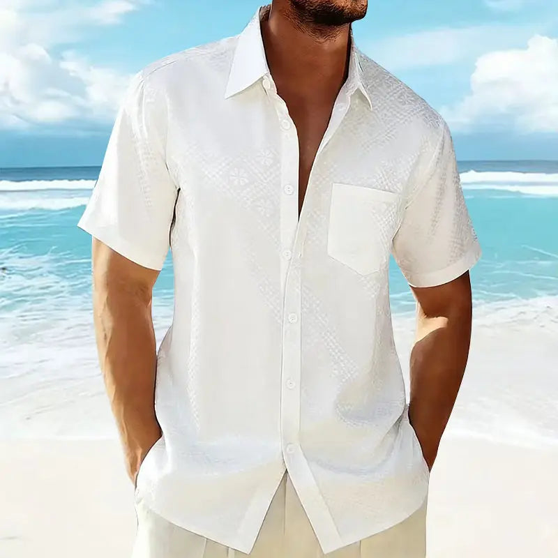 Men's Summer Fashion Satin Short Sleeve Hawaiian Shirt Casual Solid Beach Holiday Smooth Silk Stylish Printed Mens Shirt