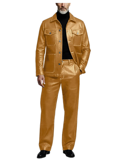 Men's 2 Piece PU Leather Suit Set Multi Pocket Shirt Collar Trucker Jacket Straight Leg Pants Business Casual Streetwear Outfits