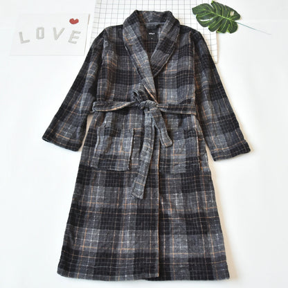 Coral Fleece Plaid Sleepwear Long Coat Style Home Clothes Robe for Men And Women Winter Warm Bathrobe Couple Pyjamas