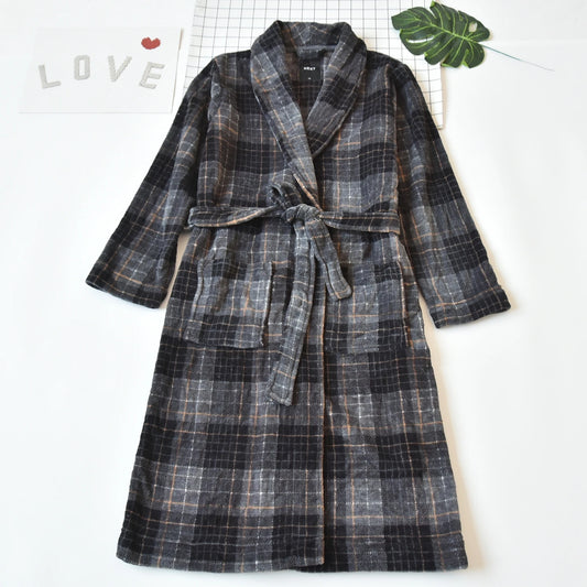 Coral Fleece Plaid Sleepwear Long Coat Style Home Clothes Robe for Men And Women Winter Warm Bathrobe Couple Pyjamas