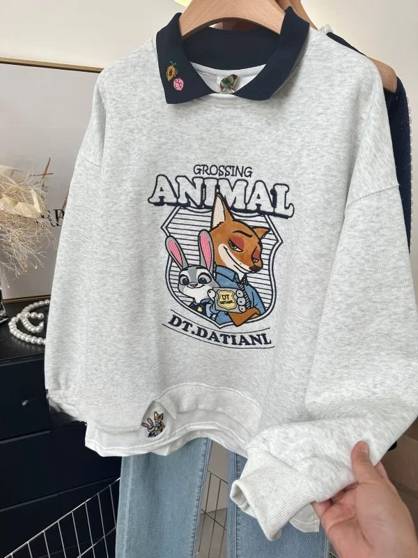 Fashionable Heavy Embroidery Cartoon Color Block  Neck Loose Fit Sweatshirt Women's Autumn New Arrival Fake Two-Piece Style