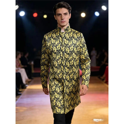 Medieval Men's Kurta Sherwani Jacket Shiny Wedding Robe  Collar Ethnic Clothing Polyester Fiber 100% Printed Design
