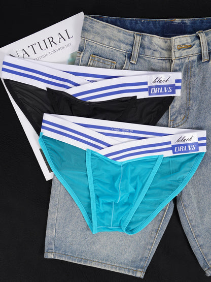3 PCS Men's Ice Silk Ultra-Thin Barely-There Mesh Sheer Briefs, Striped V-Shape Elastic Waistband Summer Daily Commute Underwear