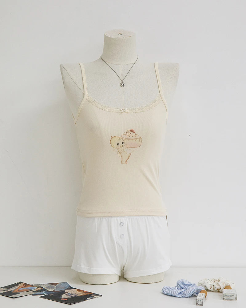 Cute Cartoon Lace Trim Tank Tops Women Summer New Slim Cotton Sleeveless Vests Vintage Sweet Preppy Style Camisole Y2K Clothes