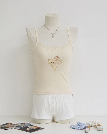 Cute Cartoon Lace Trim Tank Tops Women Summer New Slim Cotton Sleeveless Vests Vintage Sweet Preppy Style Camisole Y2K Clothes