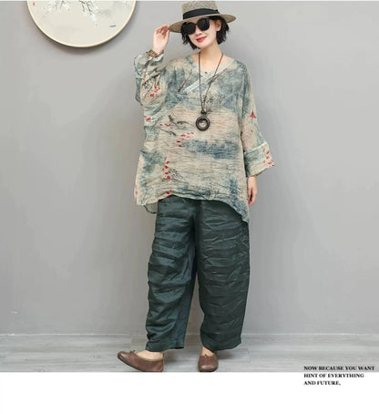 Artistic Ramie Suit Women Summer Printed Lightweight V-neck Mid-length Top + Loose Pants Two-piece Set XY307