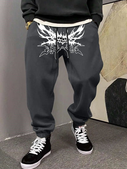 Men's Gothic Sharp Demon Mouth Thorn Print Sweatpants Elastic Waist Soft Fabric Dark Punk Street Hip Hop Joggers