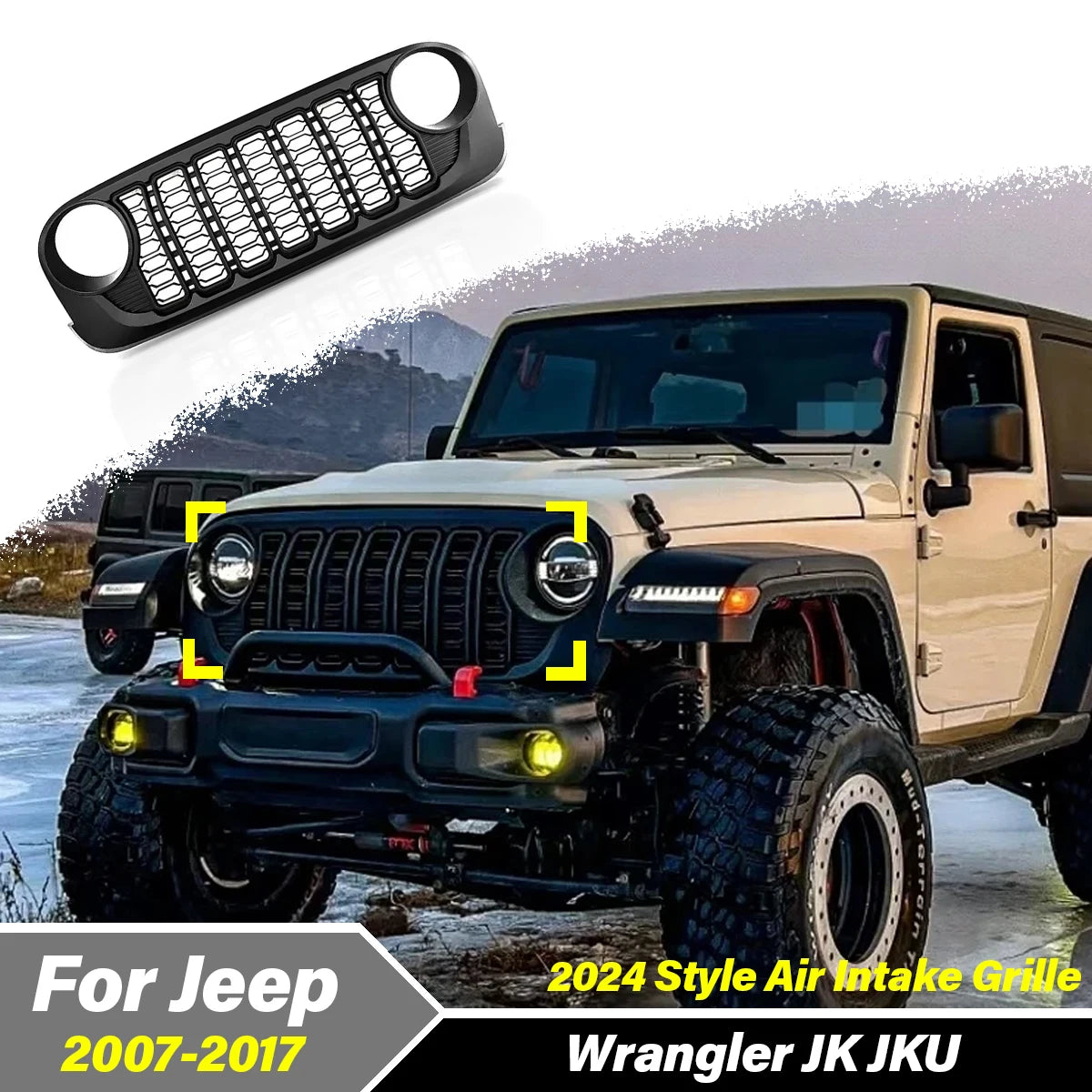 For Jeep Wrangler JK JKU 2007 2008 2009 2010 2011 2012 2013 2014 2015 2016 2017 Lantsun J400 2024 Style Front Bumper Mesh Grille