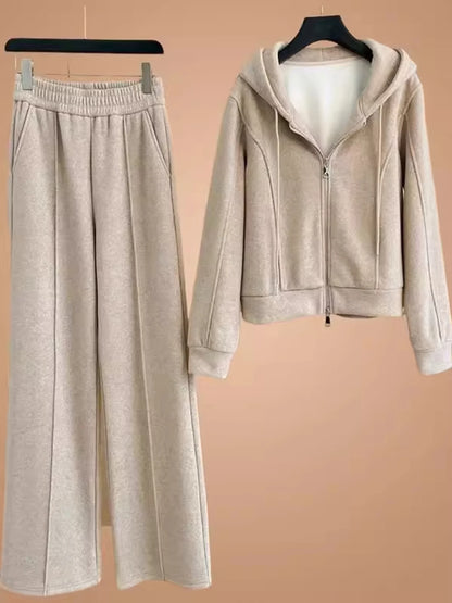 Women's Fleece Lined Thick Casual Sports Suit Set Hoodie Jacket Wide Leg Pants Two Piece Set Autumn Winter Fashion New Style