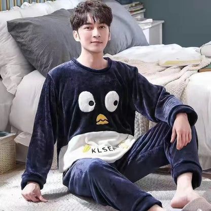 Cartoon Green Dinosaur Design Pajamas for Men Korean Kawaii Cute Letter Print Men's Pajamas 2024 Autumn Winter Warm Sleepwear