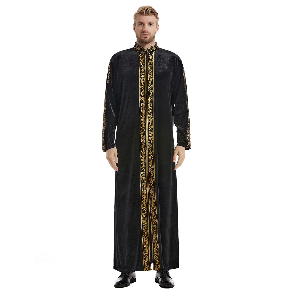 TH825 Men's Muslim Middle Eastern Men Long Sleeves Velvet Embroidered Zipper Robe Ramadan Eid Jubba Thobe