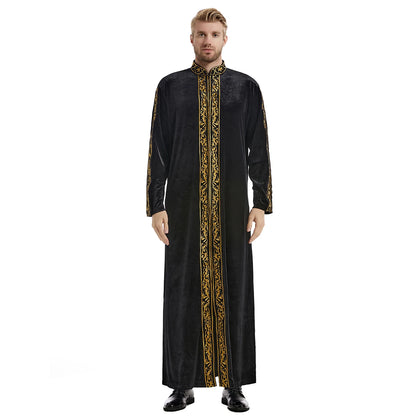 TH825 Men's Muslim Middle Eastern Men Long Sleeves Velvet Embroidered Zipper Robe Ramadan Eid Jubba Thobe