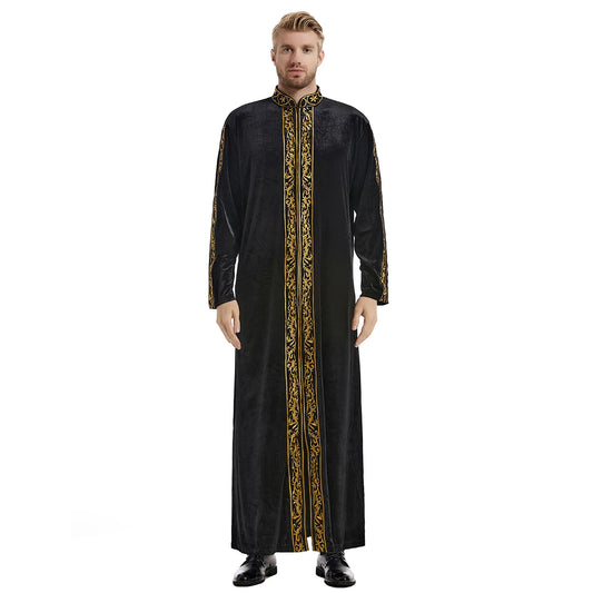 TH825 Men's Muslim Middle Eastern Men Long Sleeves Velvet Embroidered Zipper Robe Ramadan Eid Jubba Thobe