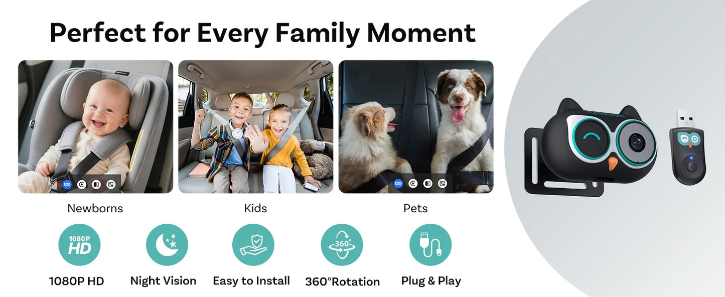 Ottocast Cabin Care Wireless CarPlay Adapter 1080P Car Rear Seat Camera 150° Wide Angle Night For Kids & Pets For Benz Toyota VW