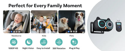 Ottocast Cabin Care Wireless CarPlay Adapter 1080P Car Rear Seat Camera 150° Wide Angle Night For Kids & Pets For Benz Toyota VW
