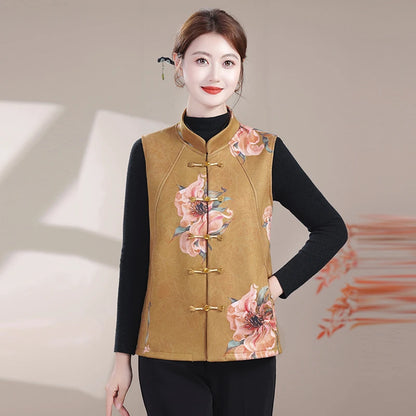 Plus Size Mother's Vest Spring Asian style print Top Elderly Women's Casual Sleeveless Jacket  Waistcoat